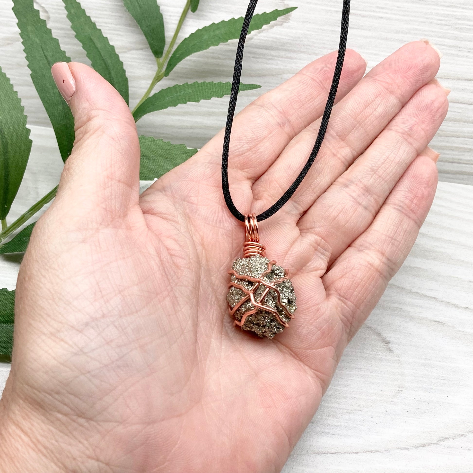 Raw Pyrite Necklace. Real Pyrite Stone Hand Wrapped With Copper Wire. Fools Gold Crystal Pendant. Comes On A Black Chain. Leo And Taurus Zodiac Jewelry. Handmade In Tennessee.