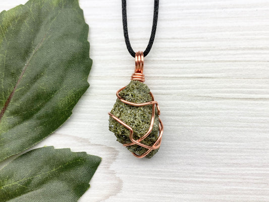 Epidote Crystal Necklace. Raw Dark Green Stone Pendant. Wrapped With Tarnish Resistant Copper Wire. Comes On A Black Necklace.