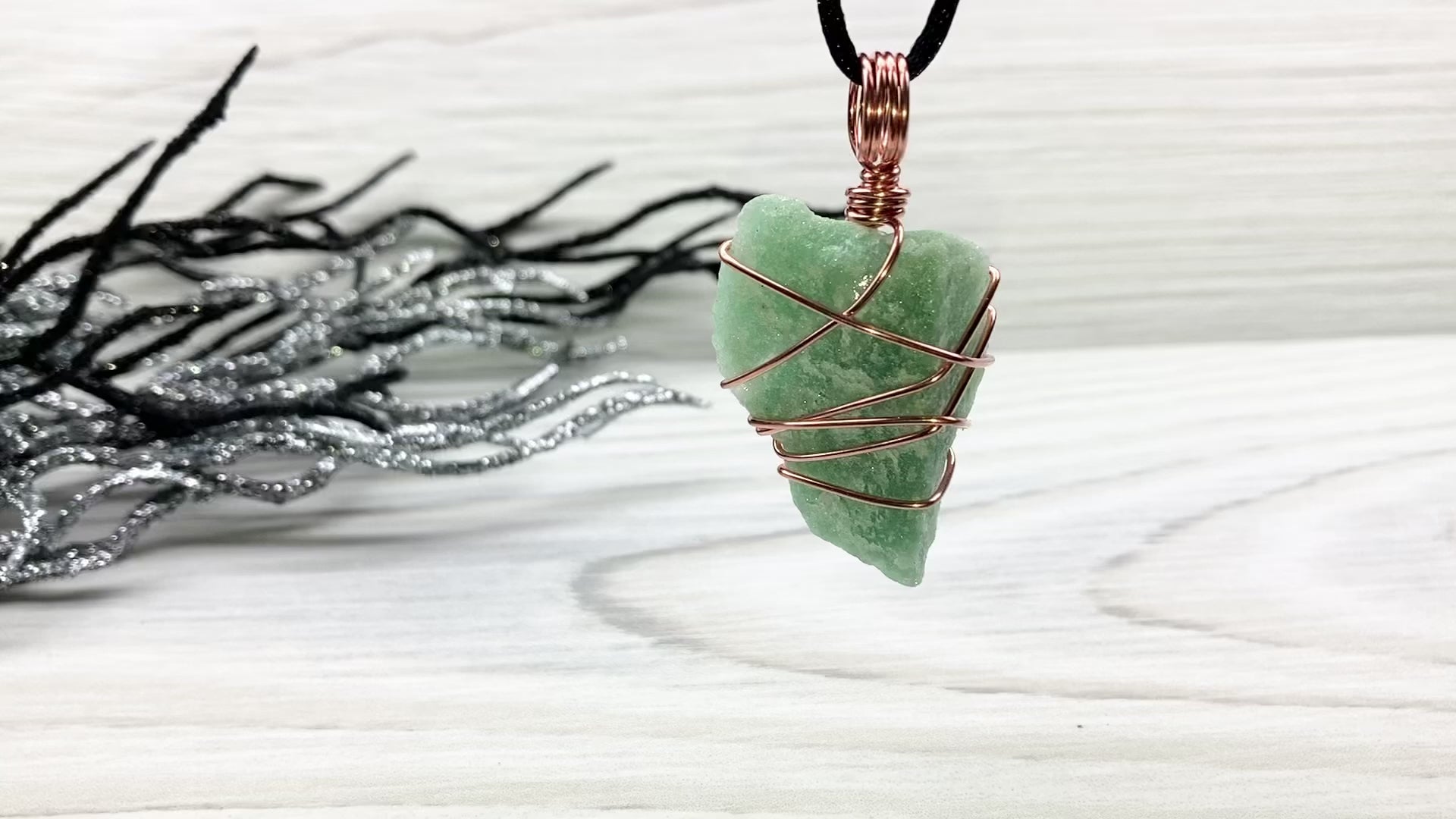 Green Quartz Necklace. Raw Green Crystal Wrapped With Pure Copper Wire. Comes On A Black Chain. Pagan Wiccan Style Handmade Jewelry.
