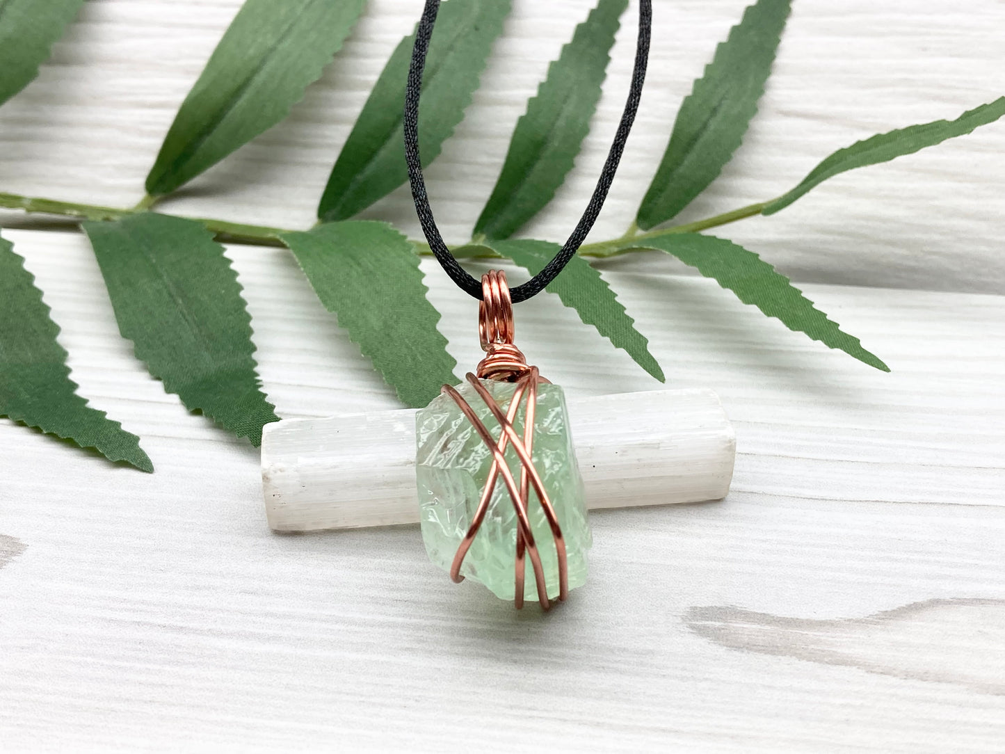 Green Calcite Necklace. Copper Wire Wrapped Stone Pendant. Raw Light Green Crystal. Comes On A Black Chain. Hand Crafted Metaphysical Jewelry For Him Or Her.