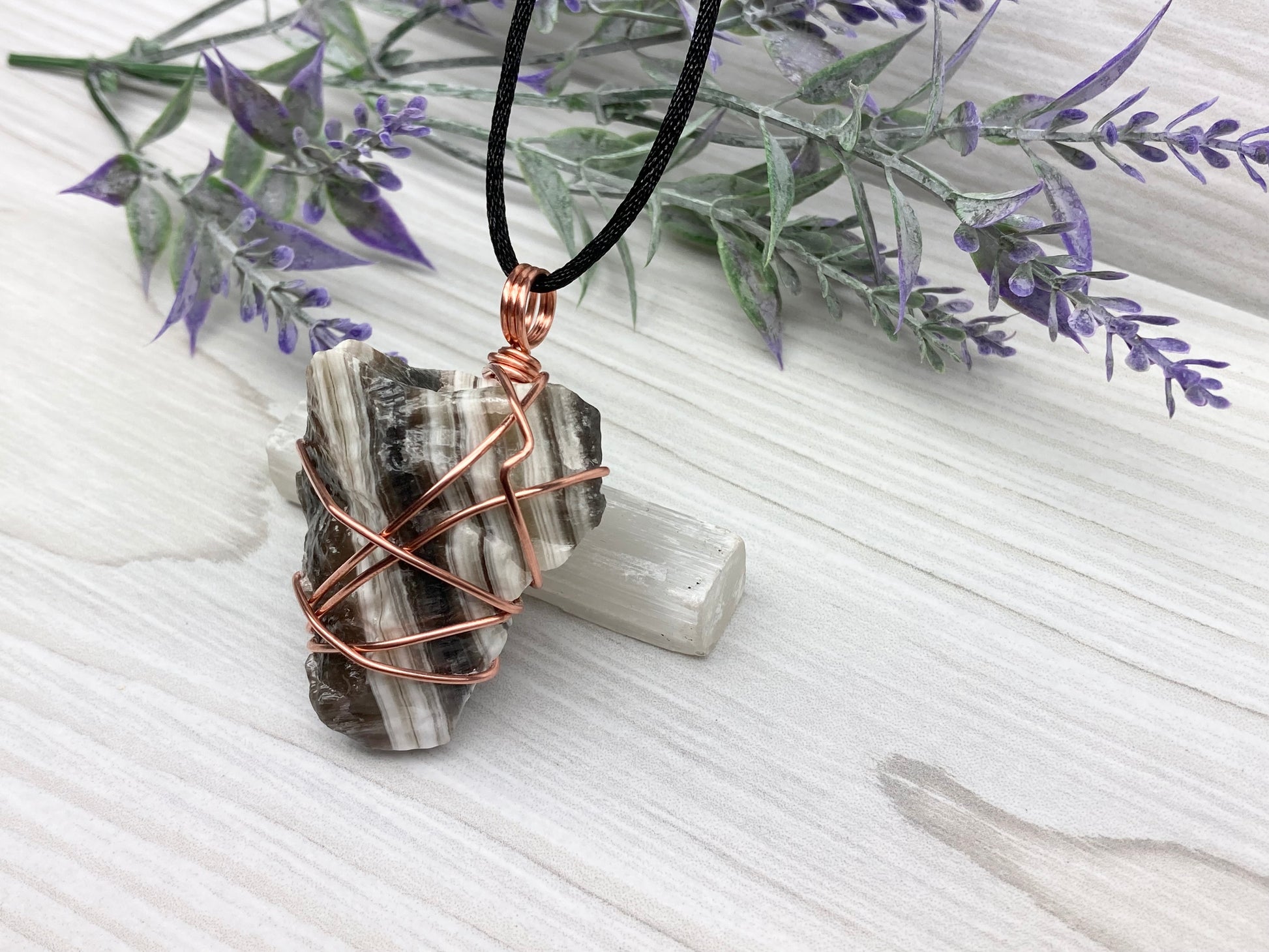 Chunky Phantom Calcite Necklace. Also Known As Zebra Calcite. Copper Wrapped Striped Calcite Pendant. Raw Natural Rough Crystal. Comes On A Black Necklace. New Age Jewelry. 