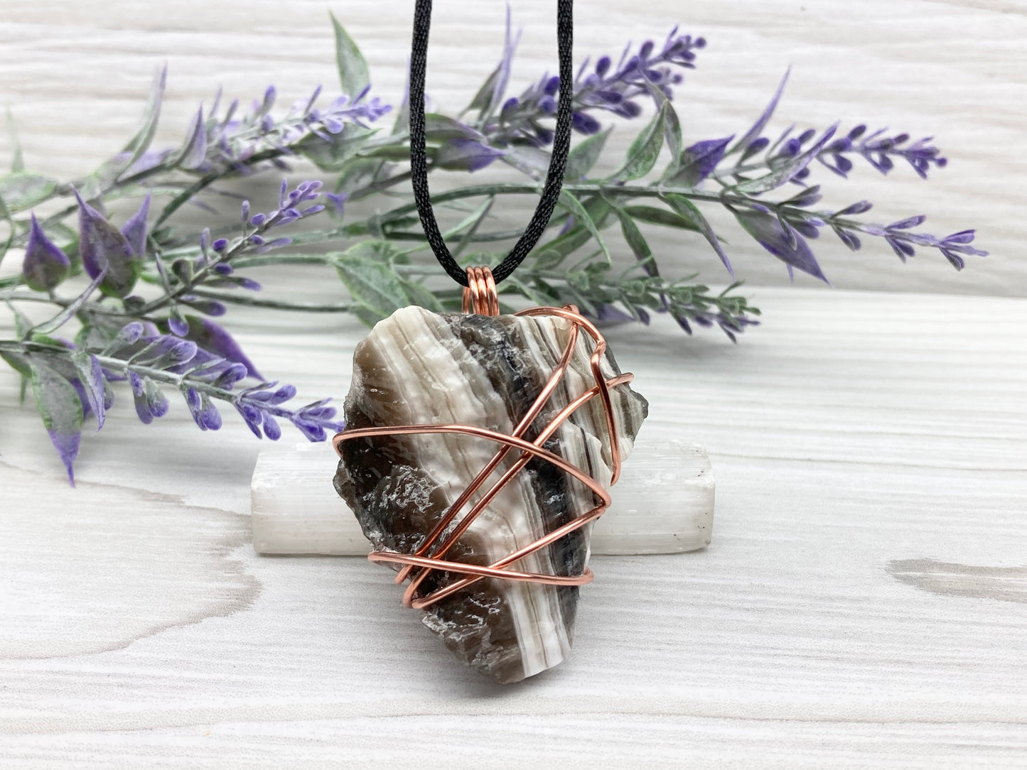 Chunky Phantom Calcite Necklace. Also Known As Zebra Calcite. Copper Wrapped Striped Calcite Pendant. Raw Natural Rough Crystal. Comes On A Black Necklace. New Age Jewelry. 