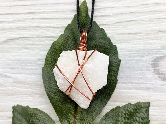 Raw White Onyx Necklace. Rough White Onyx Crystal Wrapped With Copper Wire. Pendant Comes On A Black Lobster Clasp Chain. 