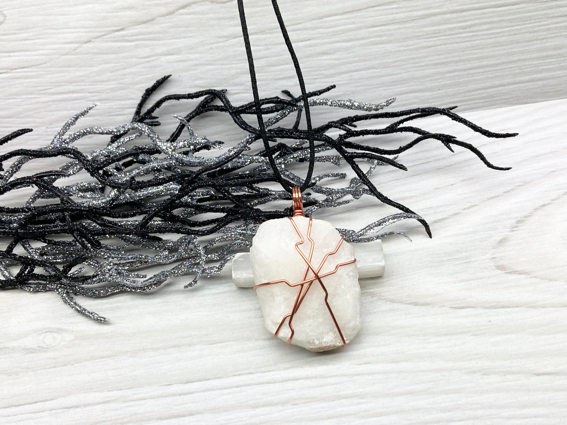 Raw White Onyx Necklace. Rough White Onyx Crystal Wrapped With Copper Wire. Pendant Comes On A Black Lobster Clasp Chain. 