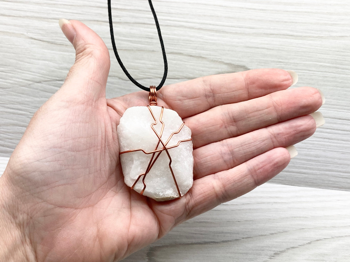 Raw White Onyx Necklace. Rough White Onyx Crystal Wrapped With Copper Wire. Pendant Comes On A Black Lobster Clasp Chain. Pendant Measure 2.25 X 1 Inches.