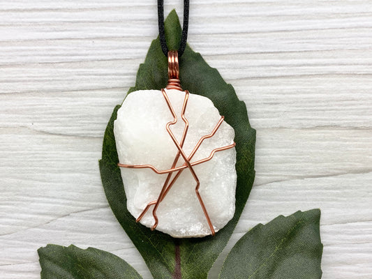 Raw White Onyx Necklace. Rough White Onyx Crystal Wrapped With Copper Wire. Pendant Comes On A Black Lobster Clasp Chain. 