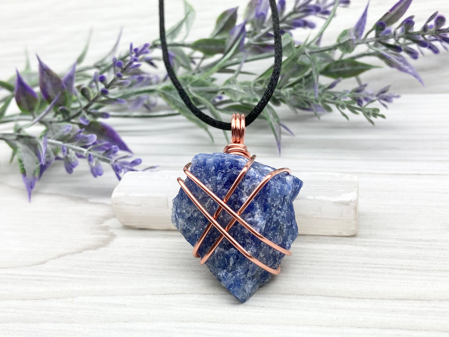Raw Sodalite Necklace. Real Sodalite Crystal Hand Wrapped With Pure Copper Wire. Gemstone Is Blue With White In It. Comes On A Black Chain. Sagittarius Zodiac Stone Unisex Jewelry.