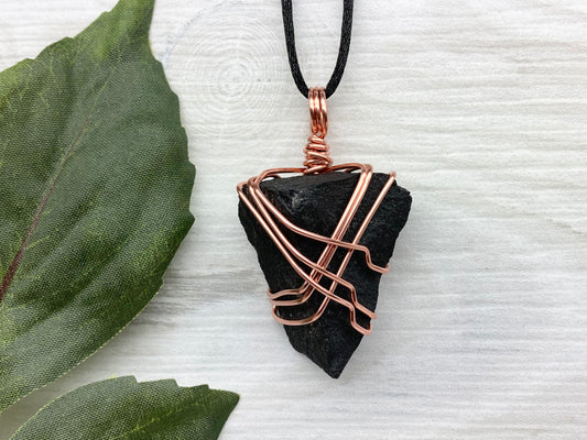 Raw Black Agate necklace. Copper Wire Wrapped Pendant