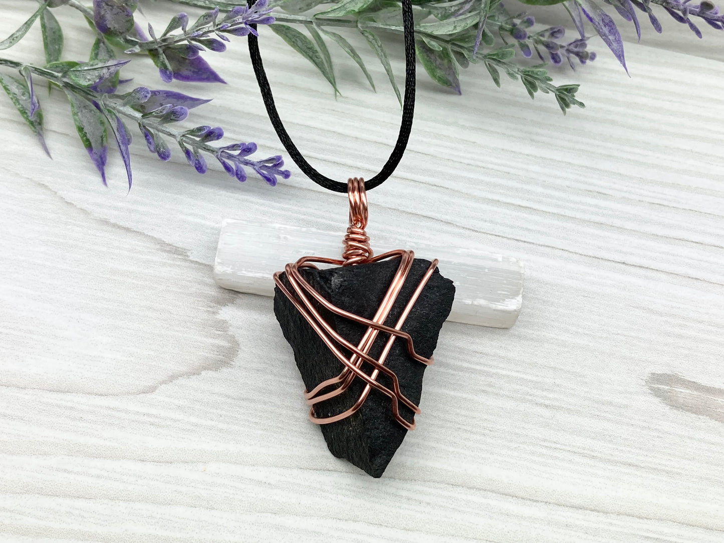 Raw Black Agate necklace. Copper Wire Wrapped Pendant