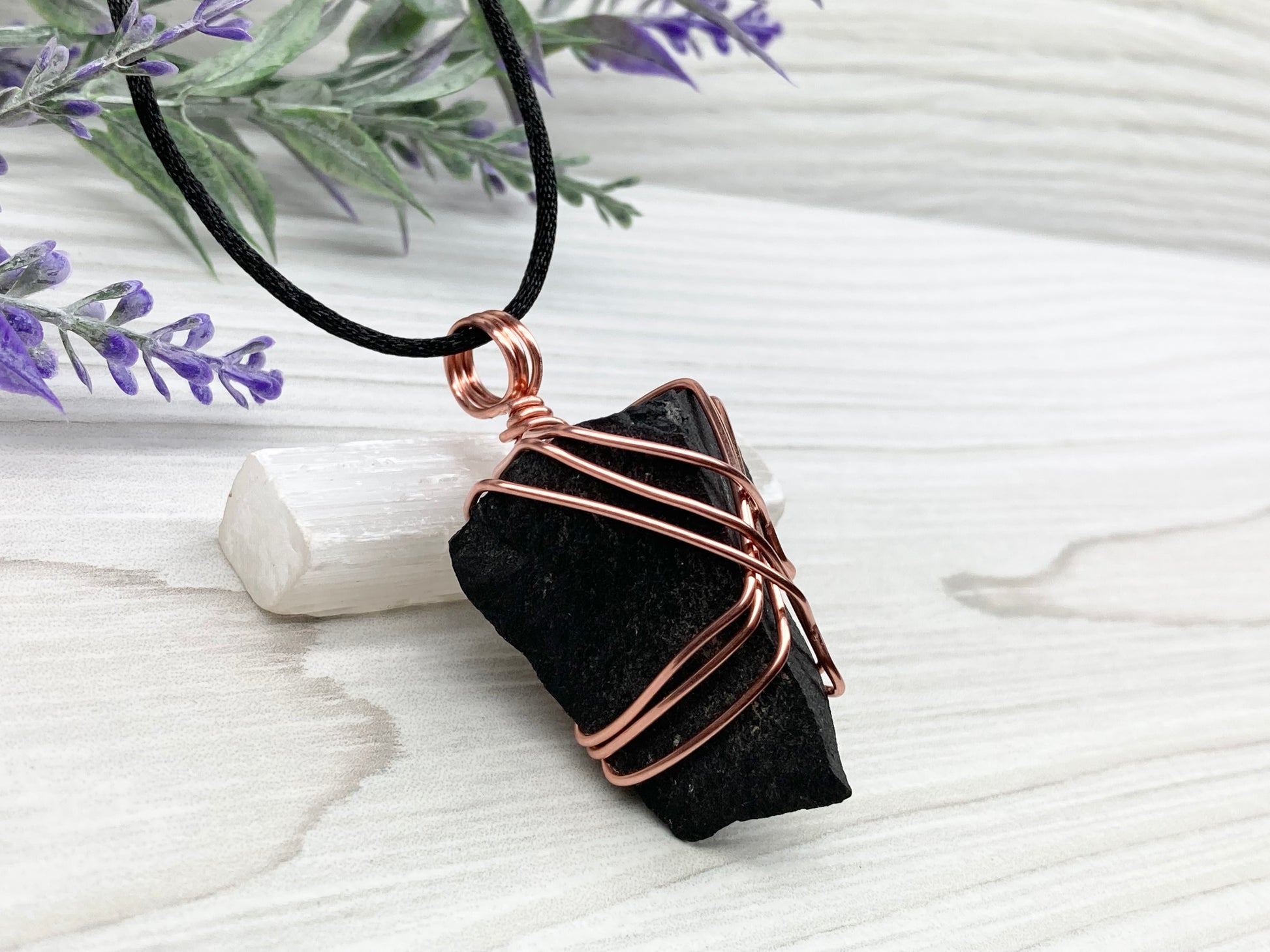 Raw Black Agate necklace. Copper Wire Wrapped Pendant
