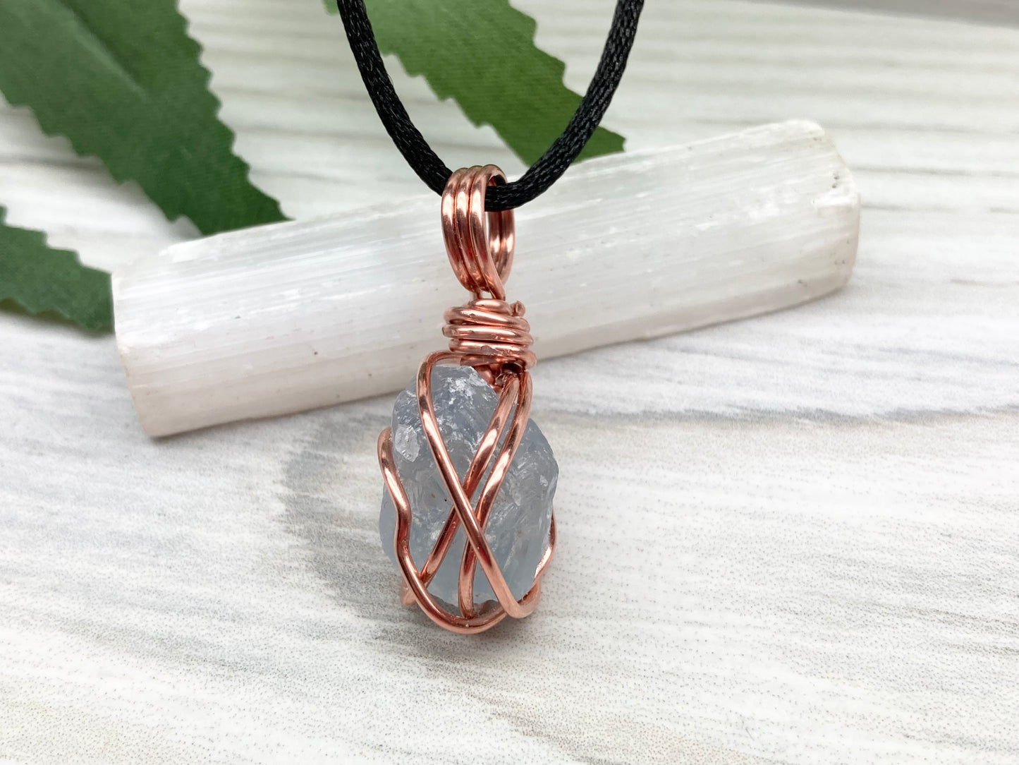 Celestite Crystal Necklace. Raw Stone Pendant. Copper Wire Wrapped Dainty Gemstone. Scorpio Zodiac Handmade Jewelry. Comes On A Black Chain.