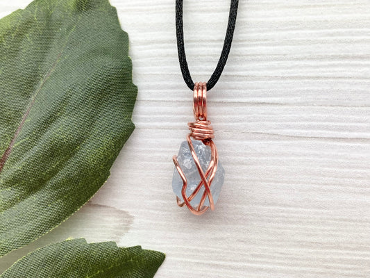 Celestite Crystal Necklace. Raw Stone Pendant. Copper Wire Wrapped Dainty Gemstone. Scorpio Zodiac Handmade Jewelry. Comes On A Black Chain.