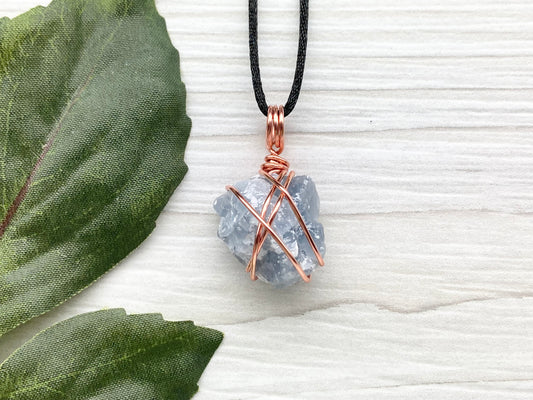 Raw Blue Calcite Necklace. Rough Natural Blue Crystal Copper Wrapped Pendant. Small Dainty Gemstone. Metaphysical New Age Style.