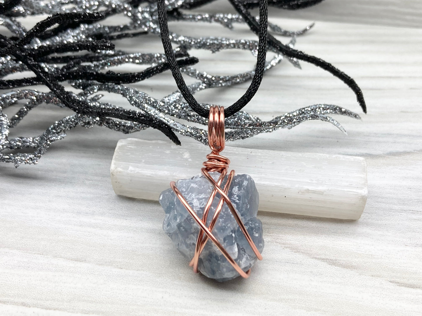 Raw Blue Calcite Necklace. Rough Natural Blue Crystal Copper Wrapped Pendant. Small Dainty Gemstone. Metaphysical New Age Style.