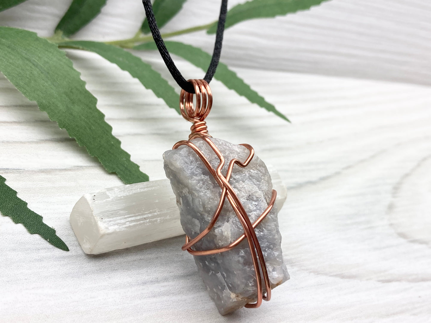 Blue Quartz Crystal Necklace. Light Blue Copper Wire Wrapped Stone. Rough Gemstone On A Black Chain. Throat Chakra Stone. New Age Spiritual Jewelry