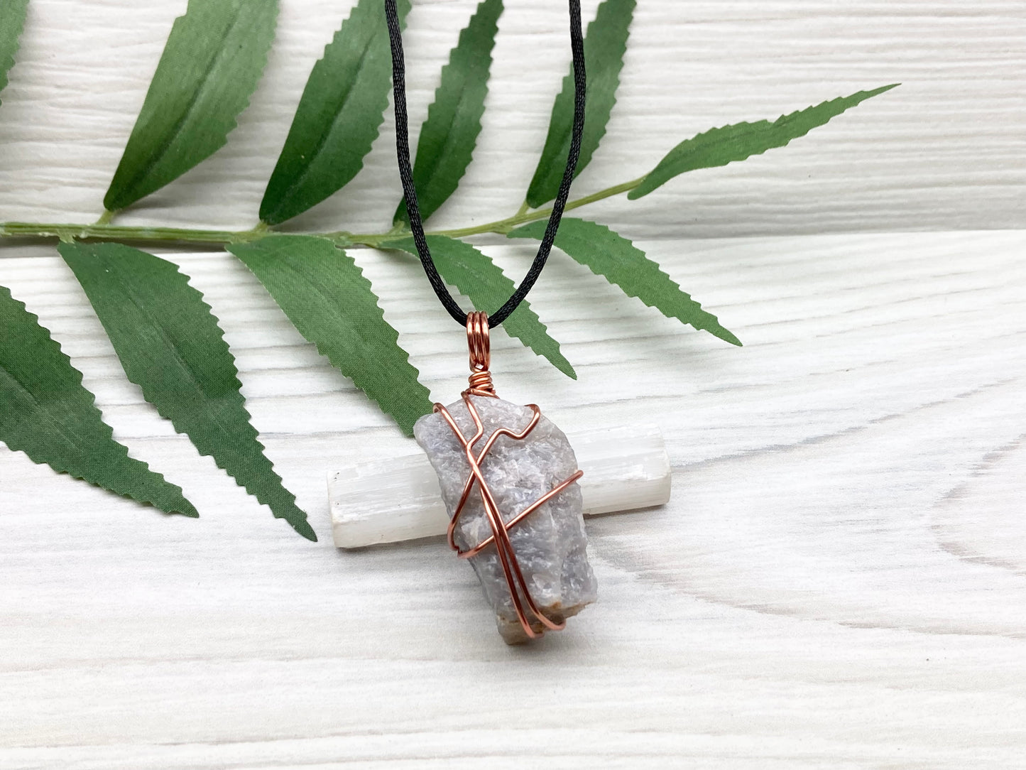 Blue Quartz Crystal Necklace. Light Blue Copper Wire Wrapped Stone. Rough Gemstone On A Black Chain. Throat Chakra Stone. New Age Spiritual Jewelry