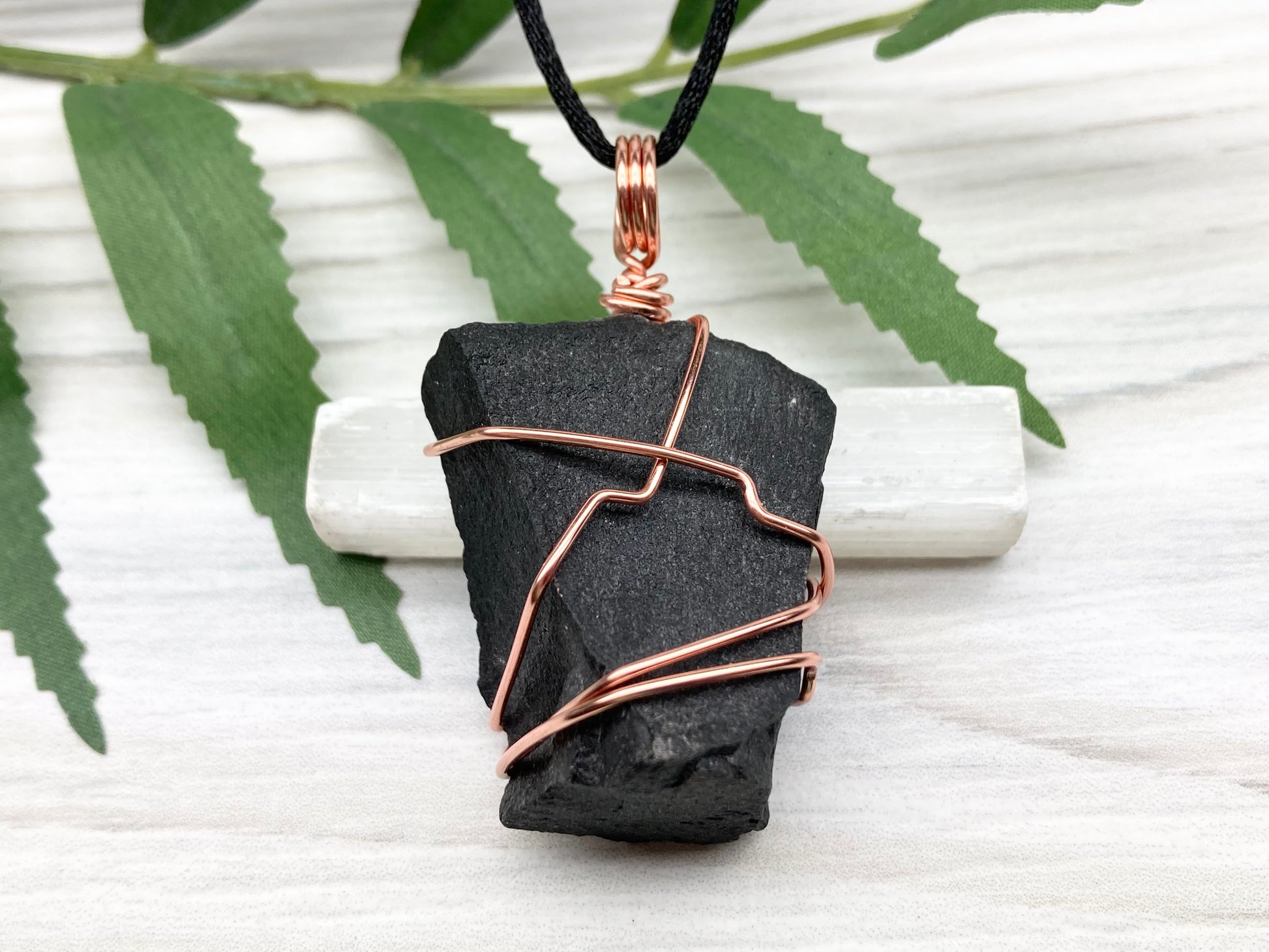 Black Agate Necklace. Raw Black Agate Stone Wrapped With Copper Wire. This pendant Is A Bit Chunky. Comes On A Black Chain. New Age Spiritual Jewelry.