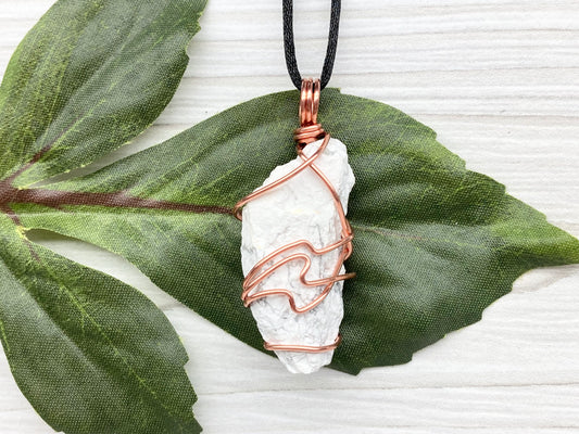 Raw Howlite Necklace. Raw White Crystal With Gray Marble Wrapped With Pure Copper Wire. Comes On A Black Chain. New Age Pendant For Him or Her. Virgo Zodiac Gift.