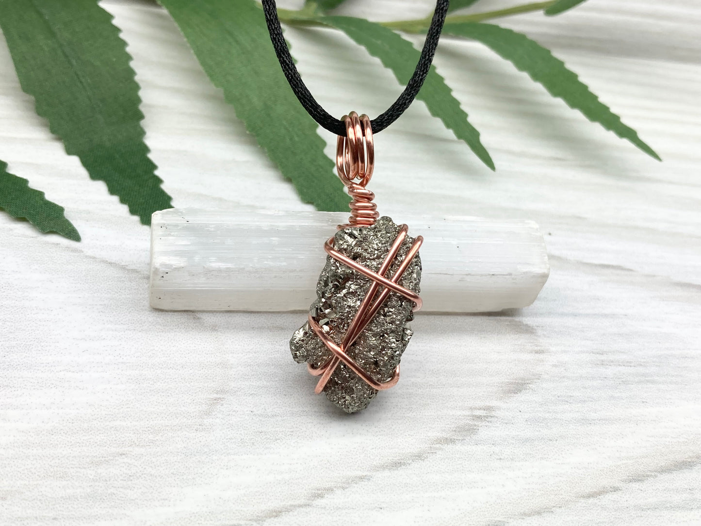 Raw Pyrite Necklace. Real Pyrite Stone Hand Wrapped With Copper Wire. Fools Gold Crystal Pendant. Comes On A Black Chain. Leo And Taurus Zodiac Jewelry. Handmade In Tennessee.