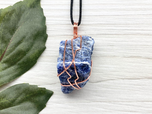 Chunky Sodalite Necklace. Large Blue White Crystal Pendant. Copper Wire Wrapped. Comes On A Black Necklace. 