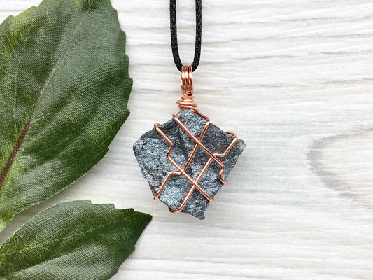 Raw Hematite Necklace. Gray Metallic Colored Stone Hand Wrapped With Pure Copper Wire. Comes On A Black Chain.  Spiritual Jewelry For Him Or Her. Capricorn Zodiac Gemstone.