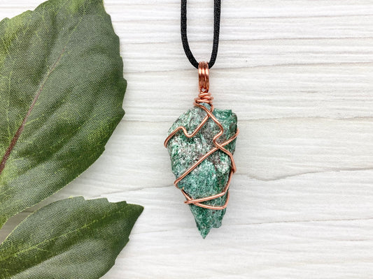 Raw Fuchsite Necklace. Copper Wire Wrapped Crystal Pendant. Shimmery Green Stone. Comes On A Black chain. Handmade New Age Jewelry.