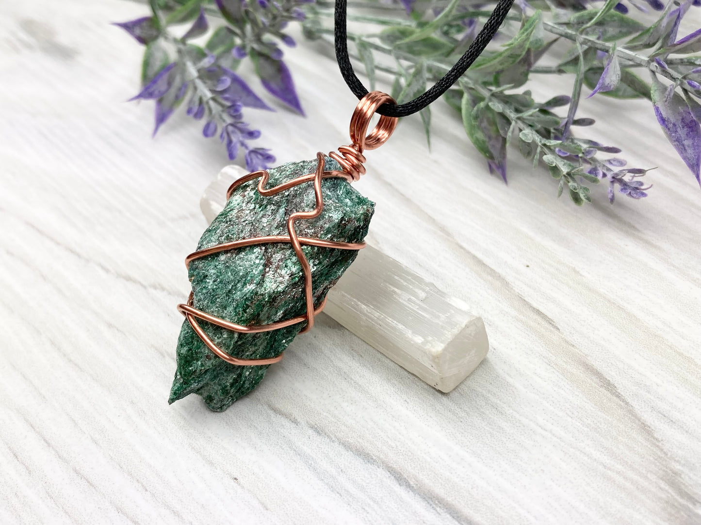 Raw Fuchsite Necklace. Copper Wire Wrapped Crystal Pendant. Shimmery Green Stone. Comes On A Black chain. Handmade New Age Jewelry.