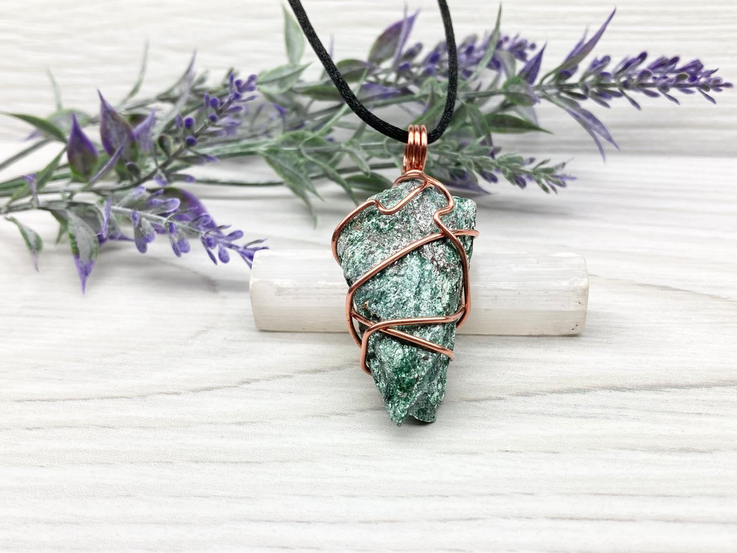 Raw Fuchsite Necklace. Copper Wire Wrapped Crystal Pendant. Shimmery Green Stone. Comes On A Black chain. Handmade New Age Jewelry.