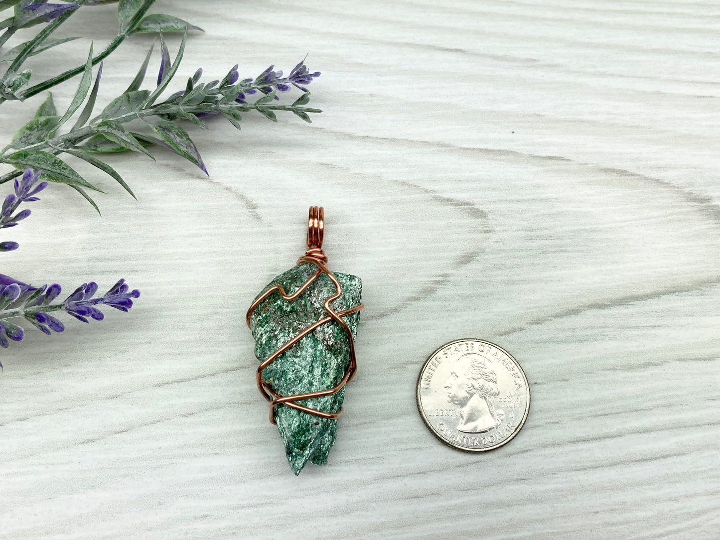 Raw Fuchsite Necklace. Copper Wire Wrapped Crystal Pendant. Shimmery Green Stone. Comes On A Black chain. Handmade New Age Jewelry.