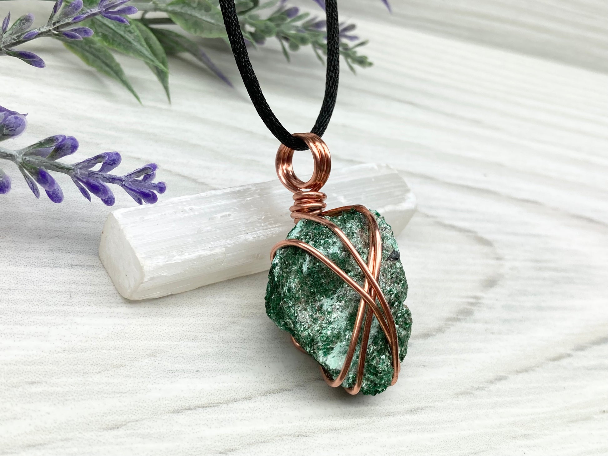Natural Fuchsite Necklace. Copper Wire Wrapped Raw Crystal Pendant. Shimmery Green Stone. Comes On A Black chain. Handmade Metaphysical Jewelry.