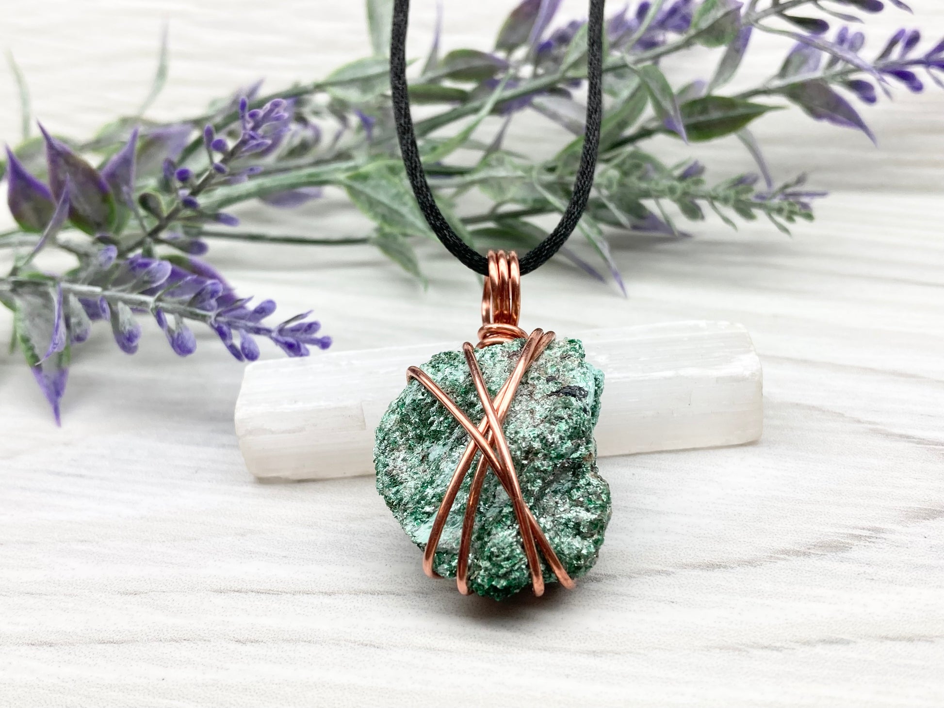 Natural Fuchsite Necklace. Copper Wire Wrapped Raw Crystal Pendant. Shimmery Green Stone. Comes On A Black chain. Handmade Metaphysical Jewelry.