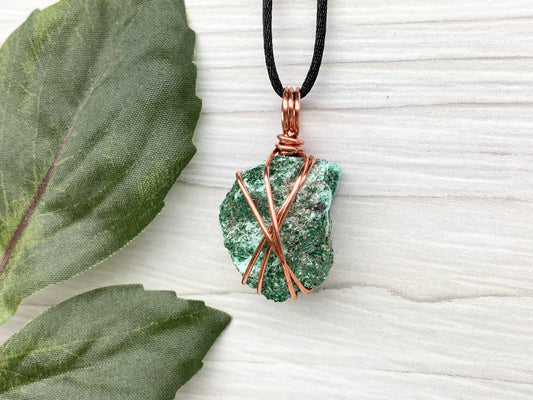 Natural Fuchsite Necklace. Copper Wire Wrapped Raw Crystal Pendant. Shimmery Green Stone. Comes On A Black chain. Handmade Metaphysical Jewelry.