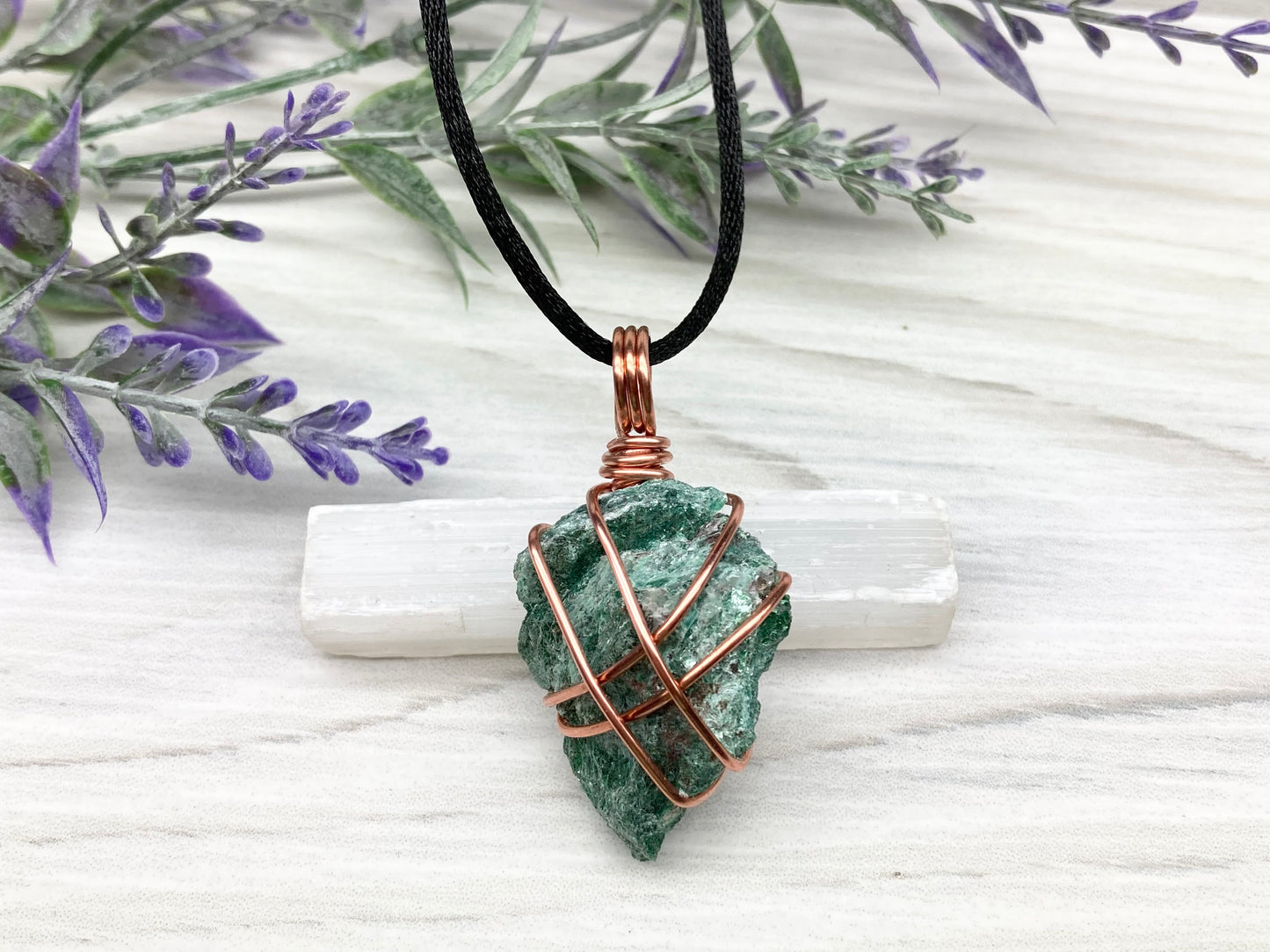 Raw Fuchsite Necklace. Copper Wire Wrapped Green Crystal Pendant. Rough Natural Gemstone. Comes On A Black Chain. Handmade Spiritual Jewelry.