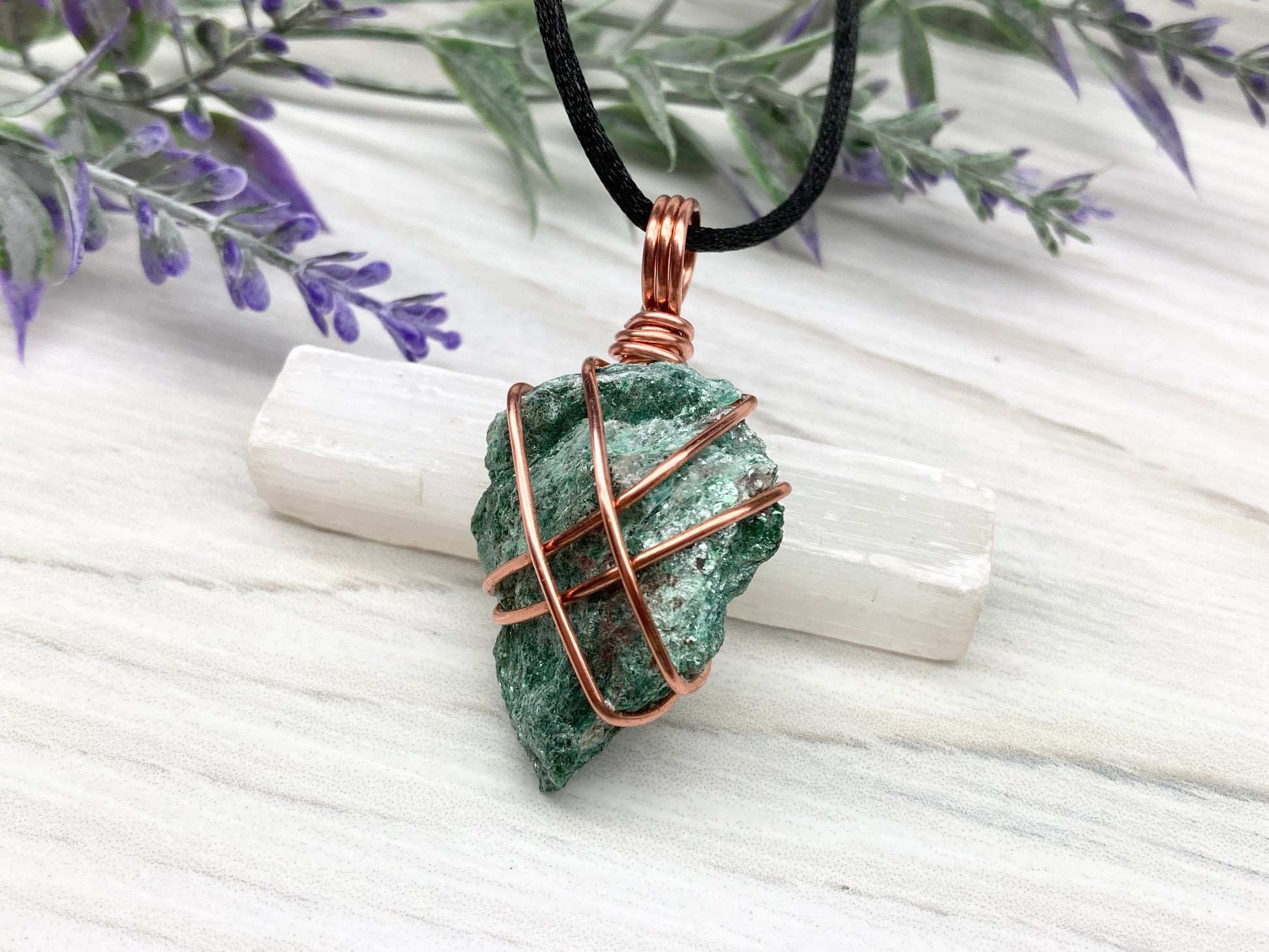 Raw Fuchsite Necklace. Copper Wire Wrapped Green Crystal Pendant. Rough Natural Gemstone. Comes On A Black Chain. Handmade Spiritual Jewelry.