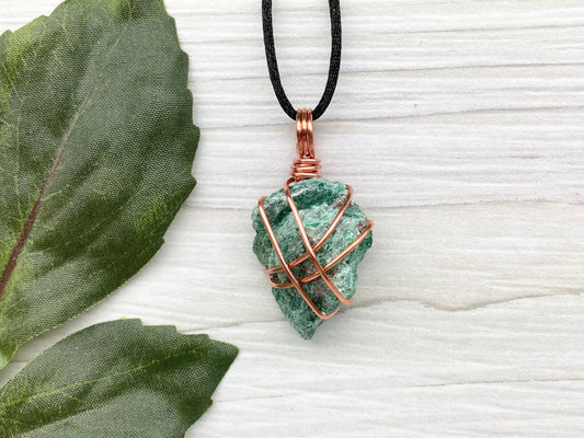 Raw Fuchsite Necklace. Copper Wire Wrapped Green Crystal Pendant. Rough Natural Gemstone. Comes On A Black Chain. Handmade Spiritual Jewelry.