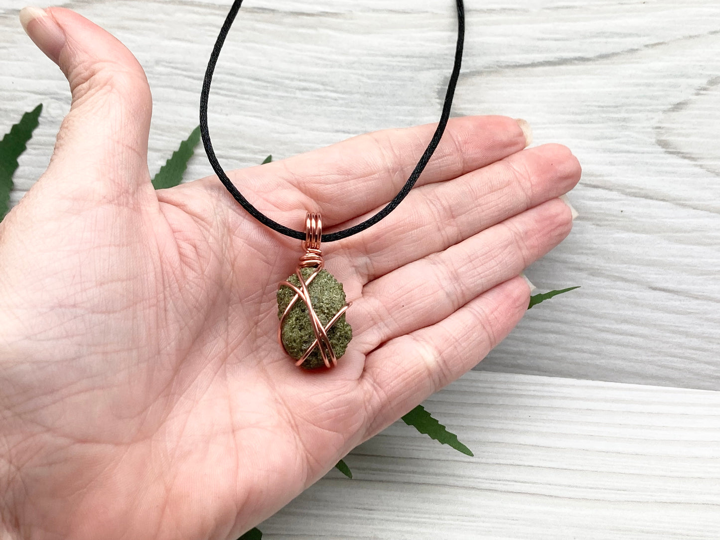 Raw Epidote Necklace. Copper Wire Wrapped Green Crystal Pendant. Comes On A Black Necklace. Handmade Spiritual Jewelry.