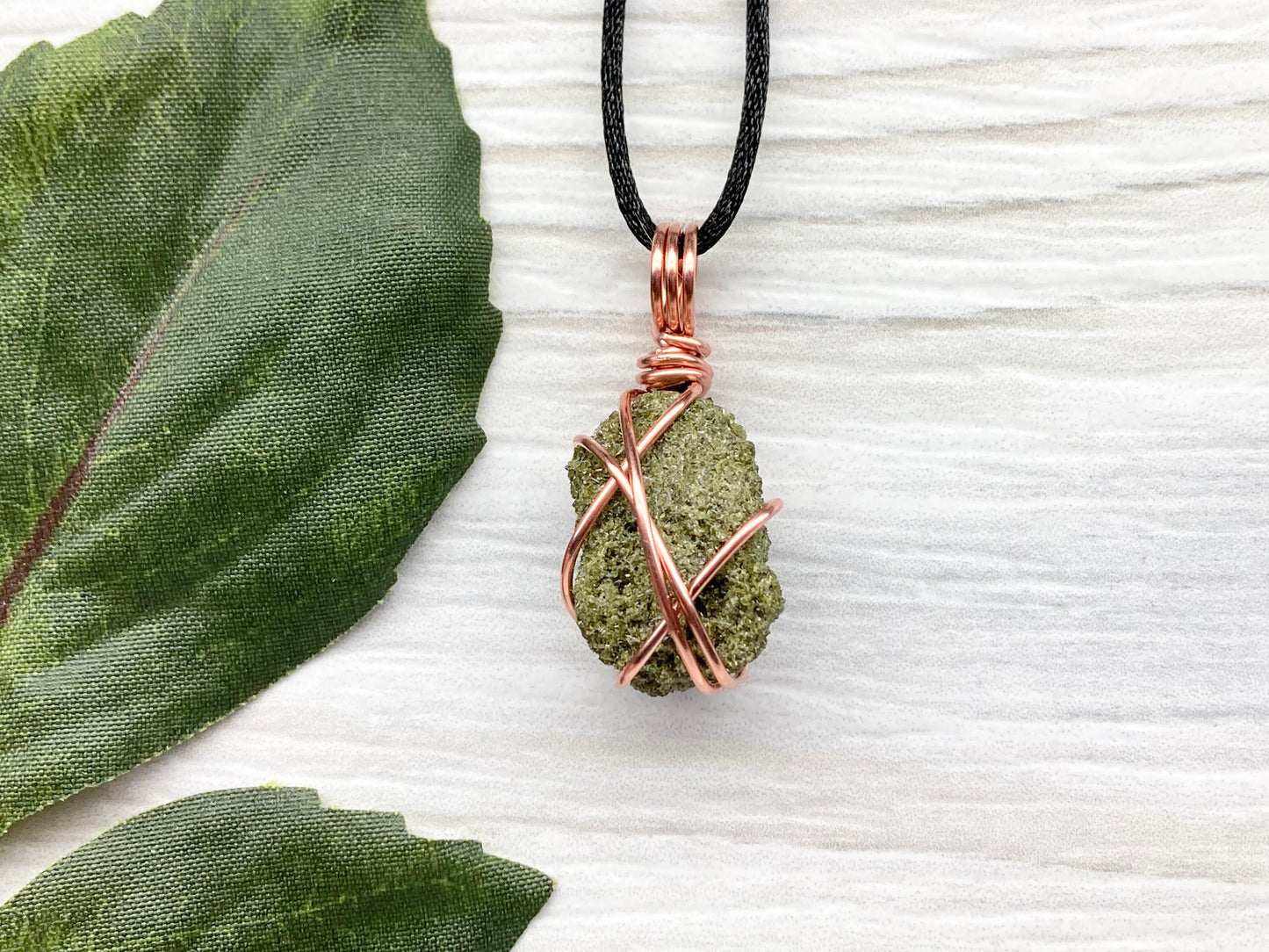 Raw Epidote Necklace. Copper Wire Wrapped Green Crystal Pendant. Comes On A Black Necklace. Handmade Spiritual Jewelry.