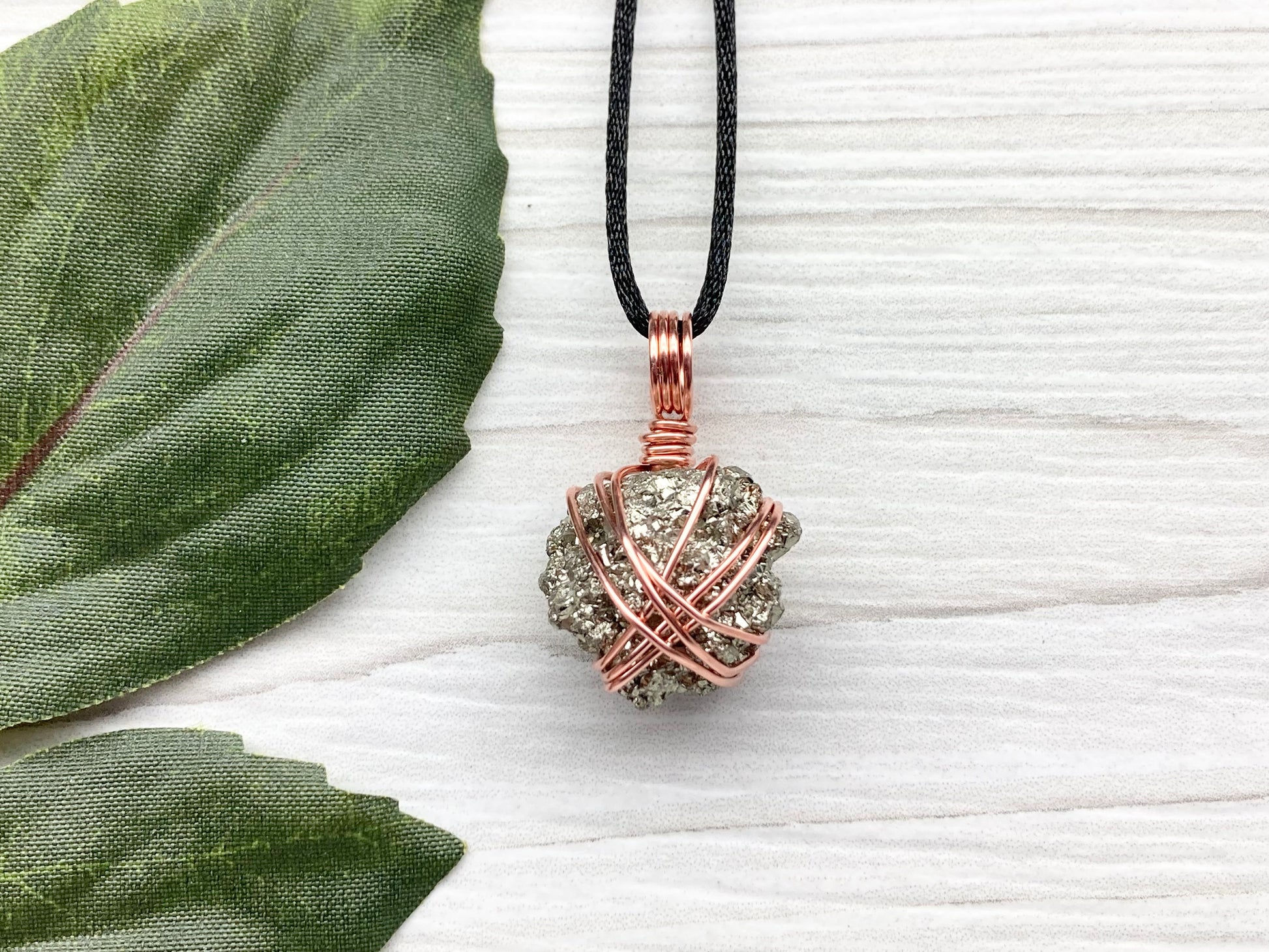 Raw Pyrite Necklace. Natural Pyrite Hand Wrapped With Copper Wire. Fools Gold Crystal Pendant. Comes On A Black Chain. Leo Zodiac Jewelry. Handmade In Tennessee.