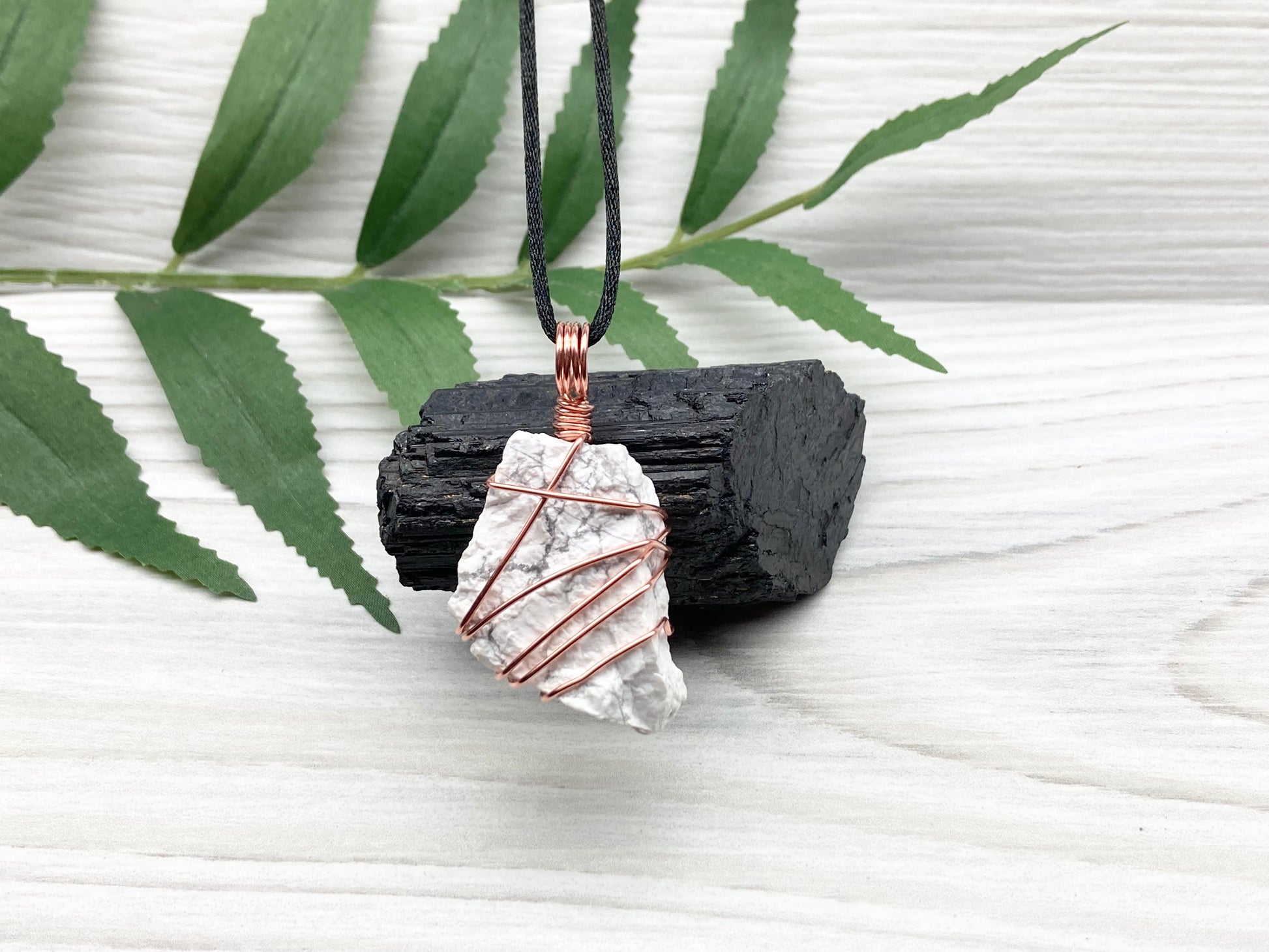 Raw Natural Howlite Necklace. White Crystal With Gray Marble Wrapped With Pure Copper Wire. Comes On A Black Chain. Metaphysical Boho Style Jewelry. Gemini Stone Pendant.