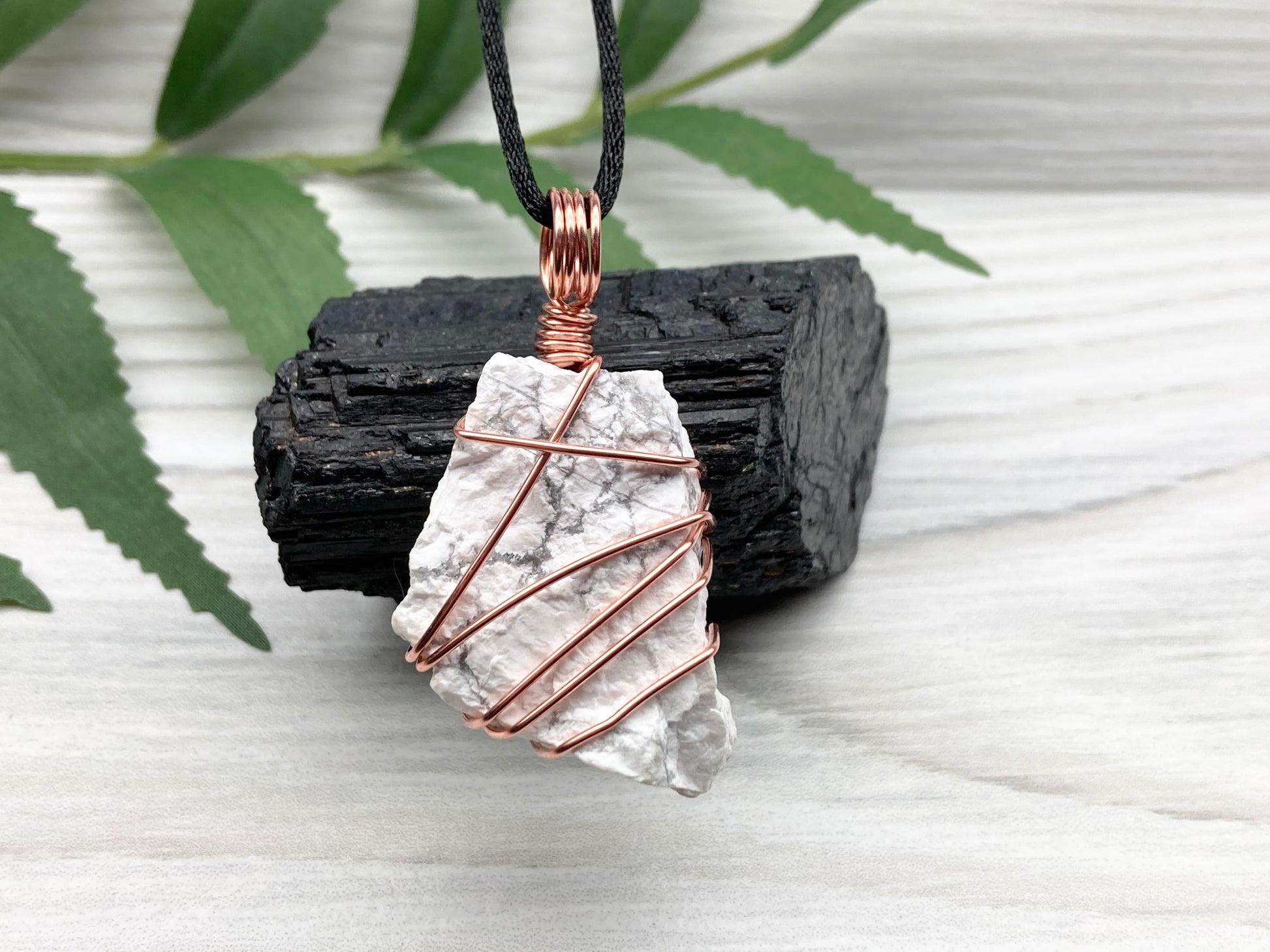 Raw Natural Howlite Necklace. White Crystal With Gray Marble Wrapped With Pure Copper Wire. Comes On A Black Chain. Metaphysical Boho Style Jewelry. Gemini Stone Pendant.