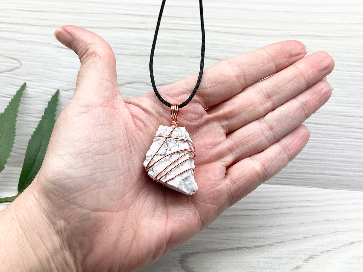 Raw Natural Howlite Necklace. White Crystal With Gray Marble Wrapped With Pure Copper Wire. Comes On A Black Chain. Metaphysical Boho Style Jewelry. Gemini Stone Pendant.