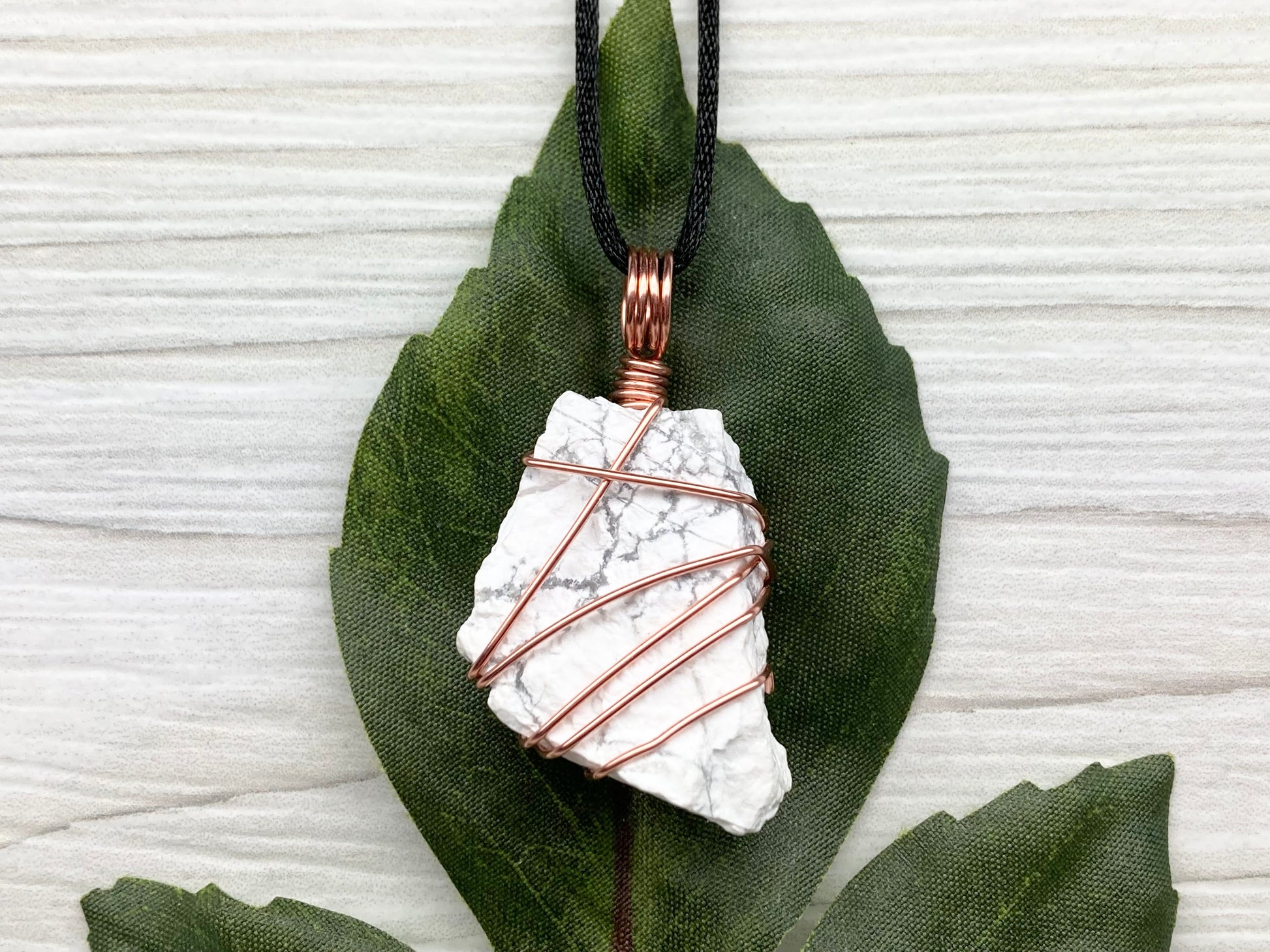 Raw Natural Howlite Necklace. White Crystal With Gray Marble Wrapped With Pure Copper Wire. Comes On A Black Chain. Metaphysical Boho Style Jewelry. Gemini Stone Pendant.