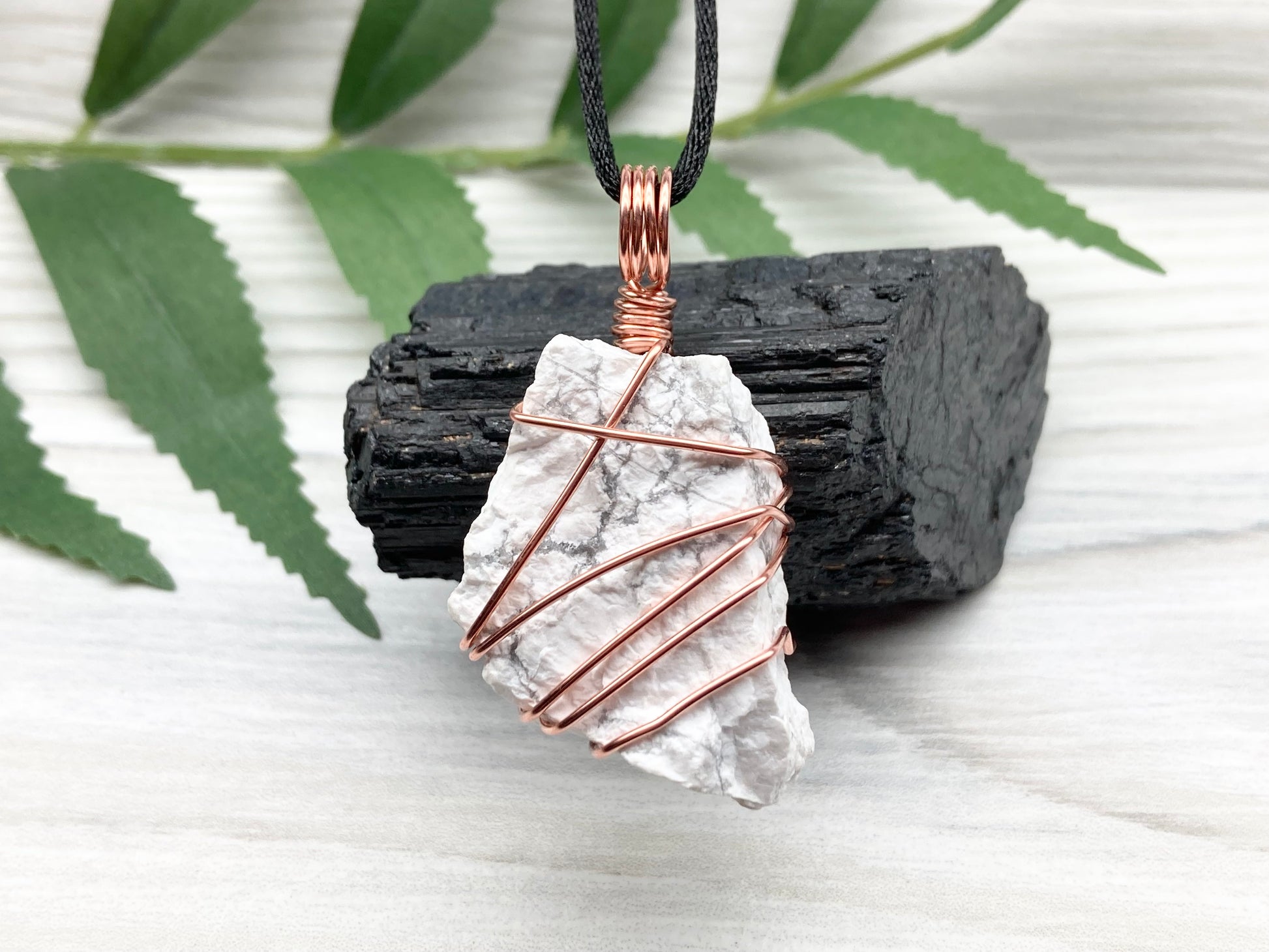 Raw Natural Howlite Necklace. White Crystal With Gray Marble Wrapped With Pure Copper Wire. Comes On A Black Chain. Metaphysical Boho Style Jewelry. Gemini Stone Pendant.