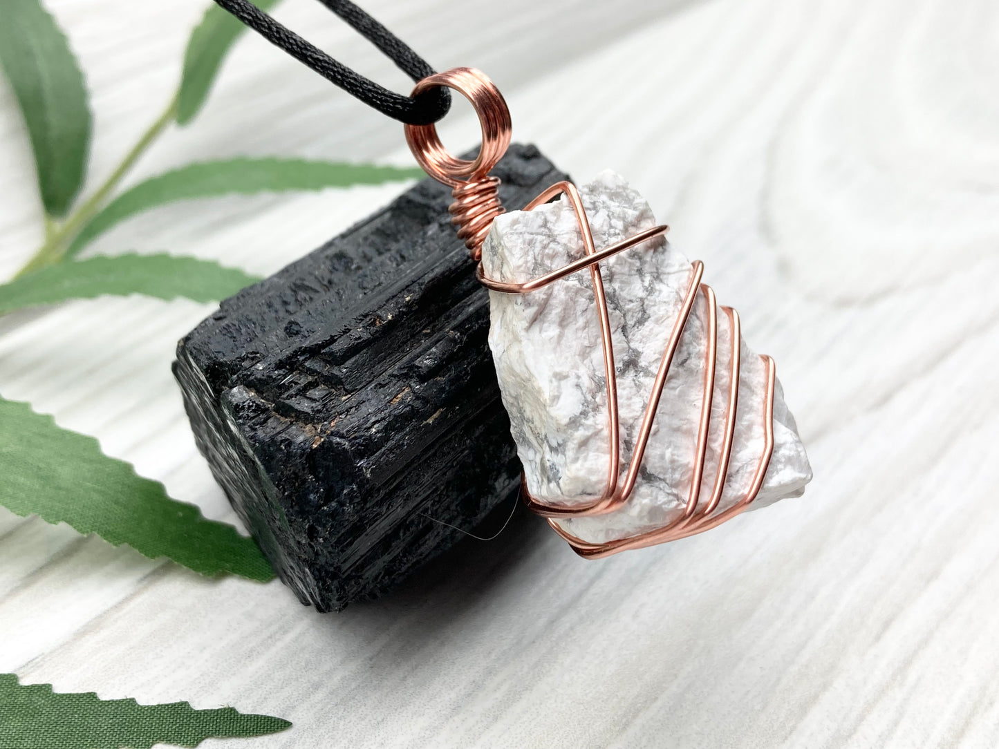 Raw Natural Howlite Necklace. White Crystal With Gray Marble Wrapped With Pure Copper Wire. Comes On A Black Chain. Metaphysical Boho Style Jewelry. Gemini Stone Pendant.
