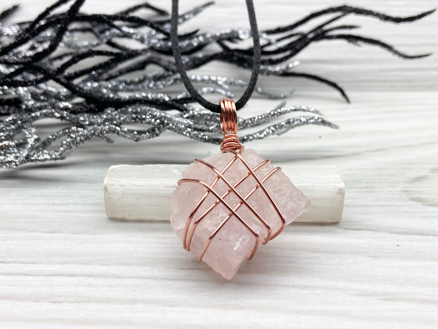 Raw Rose Quartz Necklace. Light Pink Crystal Hand Wrapped With Copper Wire. Comes On A Black Chain. Libra Zodiac Stone Jewelry. Spiritual New Age Style.
