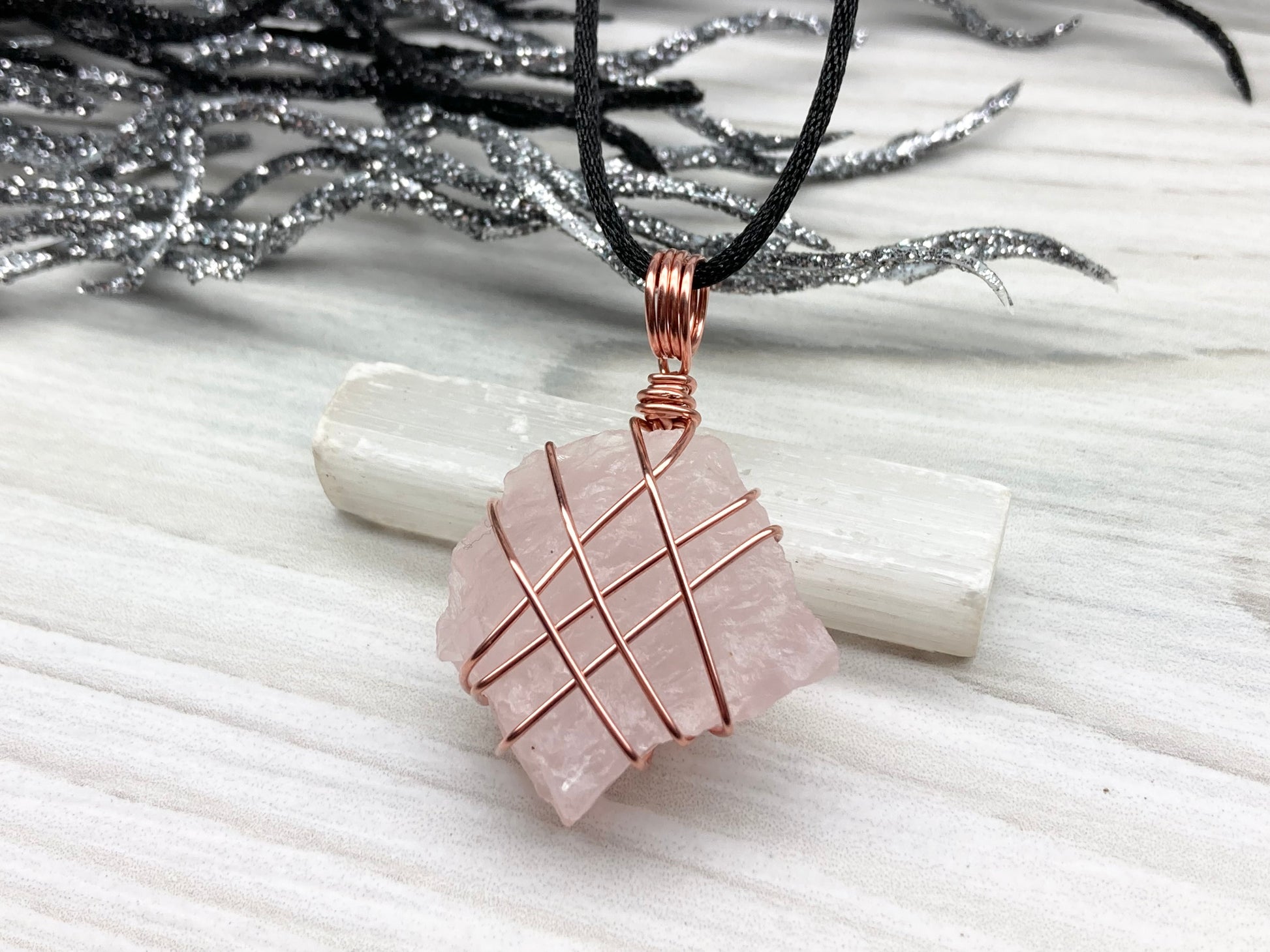 Raw Rose Quartz Necklace. Light Pink Crystal Hand Wrapped With Copper Wire. Comes On A Black Chain. Libra Zodiac Stone Jewelry. Spiritual New Age Style.