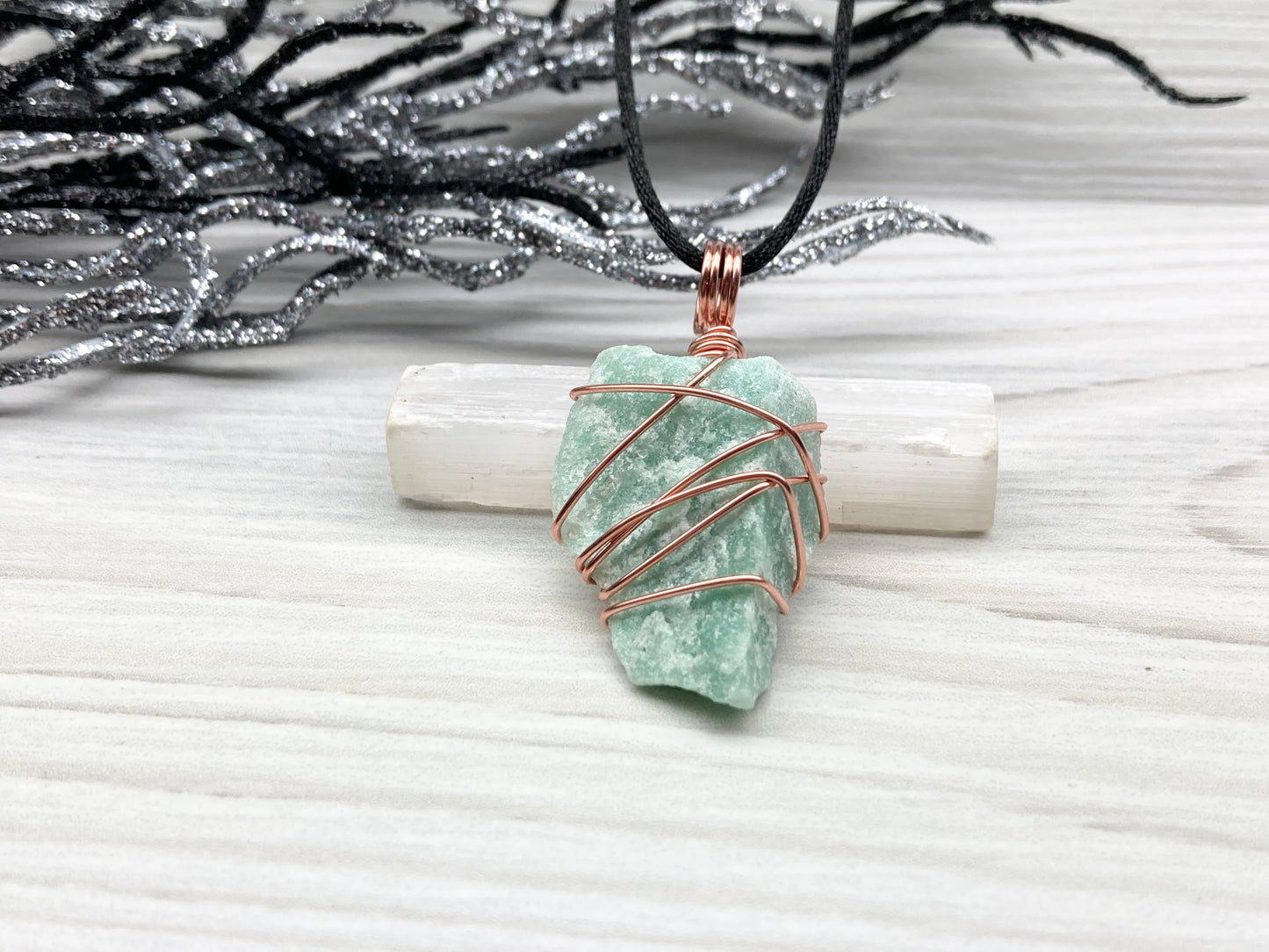 Green Quartz Necklace. Raw Green Crystal Wrapped With Pure Copper Wire. Comes On A Black Chain. Pagan Wiccan Style Handmade Jewelry.