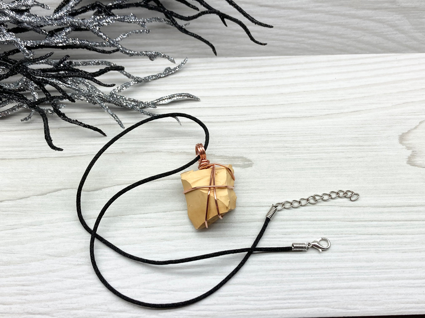 Natural Mookaite Jasper Necklace. Cream Colored Raw Mookaite Crystal Wrapped With Pure Copper Wire.  Comes On A Black Chain. Handmade Spiritual Gemstone Jewelry. Made In The USA.
