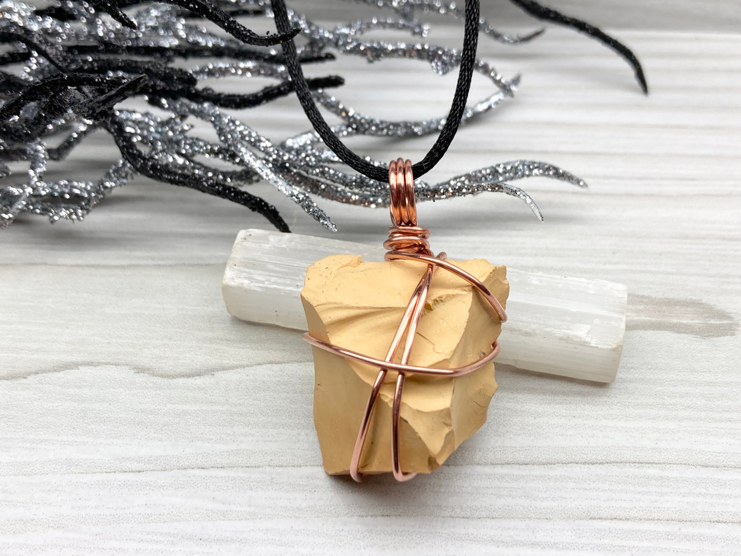 Natural Mookaite Jasper Necklace. Cream Colored Raw Mookaite Crystal Wrapped With Pure Copper Wire.  Comes On A Black Chain. Handmade Spiritual Gemstone Jewelry. Made In The USA.
