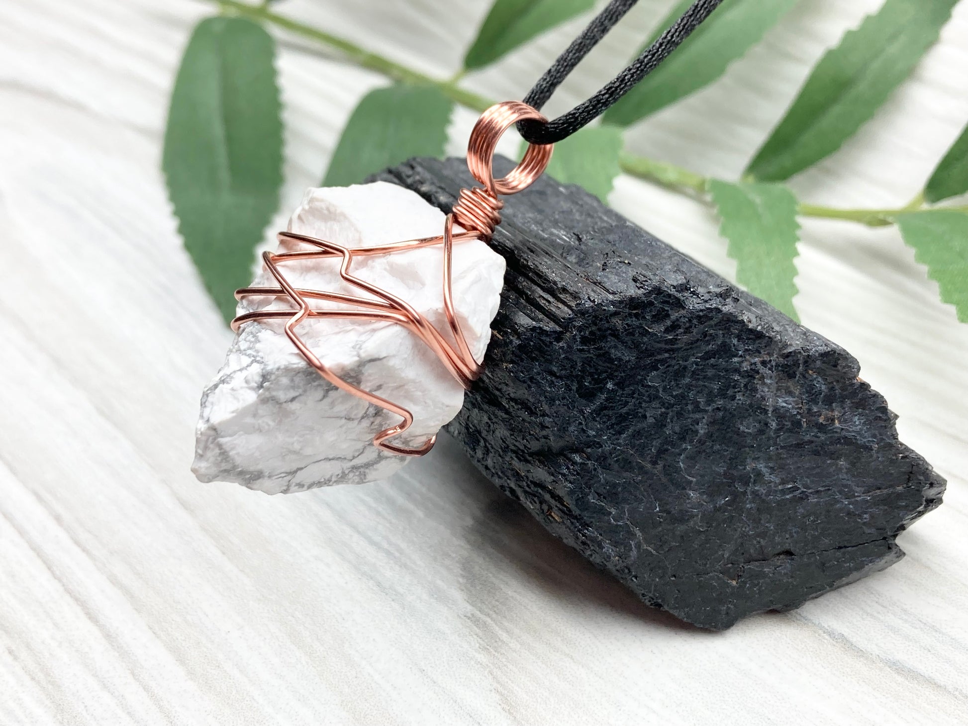 Raw Howlite Necklace. Raw White Crystal With Gray Marble Wrapped With Pure Copper Wire. Comes On A Black Chain. Metaphysical Jewelry For Him or Her. Gemini Zodiac Gift.